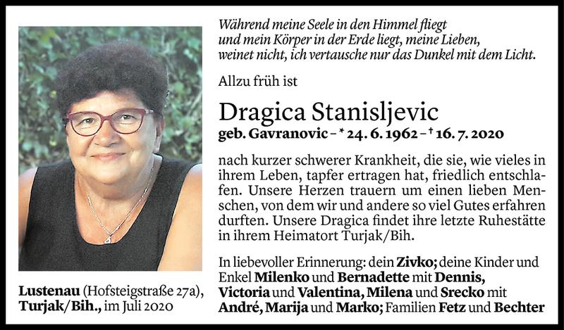  Todesanzeige für Dragica Stanisljevic vom 19.07.2020 aus Vorarlberger Nachrichten