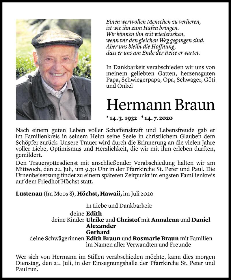  Todesanzeige für Hermann Braun vom 19.07.2020 aus Vorarlberger Nachrichten