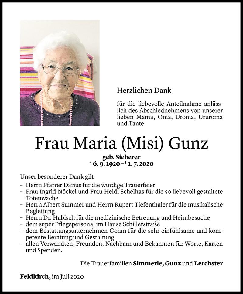  Todesanzeige für Maria Gunz vom 19.07.2020 aus Vorarlberger Nachrichten