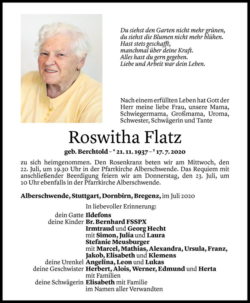  Todesanzeige für Roswitha Flatz vom 20.07.2020 aus Vorarlberger Nachrichten