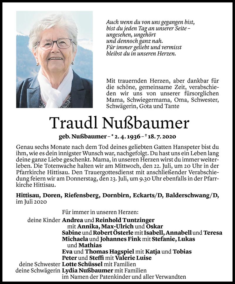  Todesanzeige für Traudl Nußbaumer vom 20.07.2020 aus Vorarlberger Nachrichten