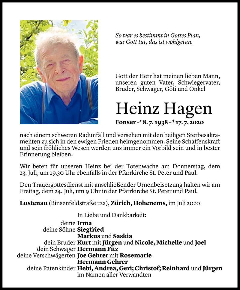  Todesanzeige für Heinz Hagen vom 20.07.2020 aus Vorarlberger Nachrichten