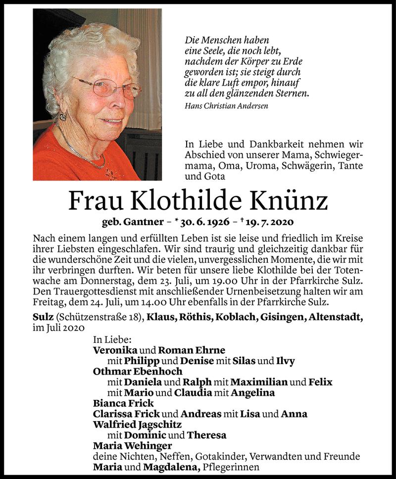  Todesanzeige für Klothilde Knünz vom 21.07.2020 aus Vorarlberger Nachrichten