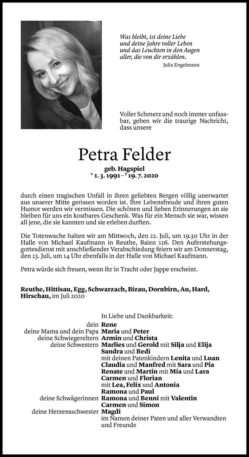  Todesanzeige für Petra Felder vom 20.07.2020 aus Vorarlberger Nachrichten