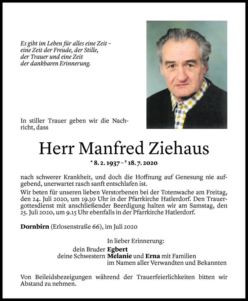  Todesanzeige für Manfred Ziehaus vom 21.07.2020 aus Vorarlberger Nachrichten
