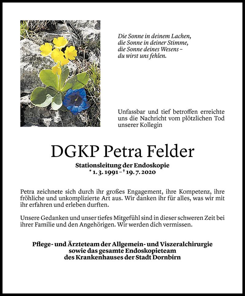  Todesanzeige für Petra Felder vom 21.07.2020 aus Vorarlberger Nachrichten