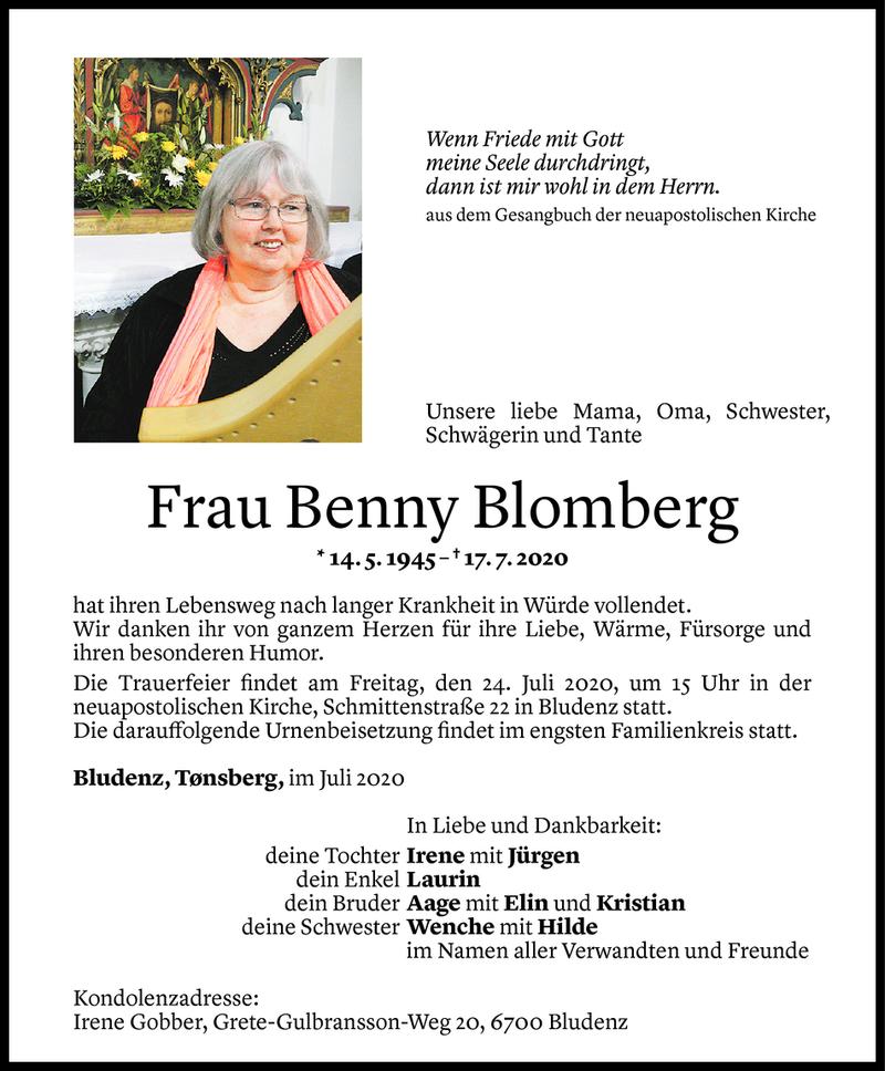  Todesanzeige für Benny Blomberg vom 21.07.2020 aus Vorarlberger Nachrichten