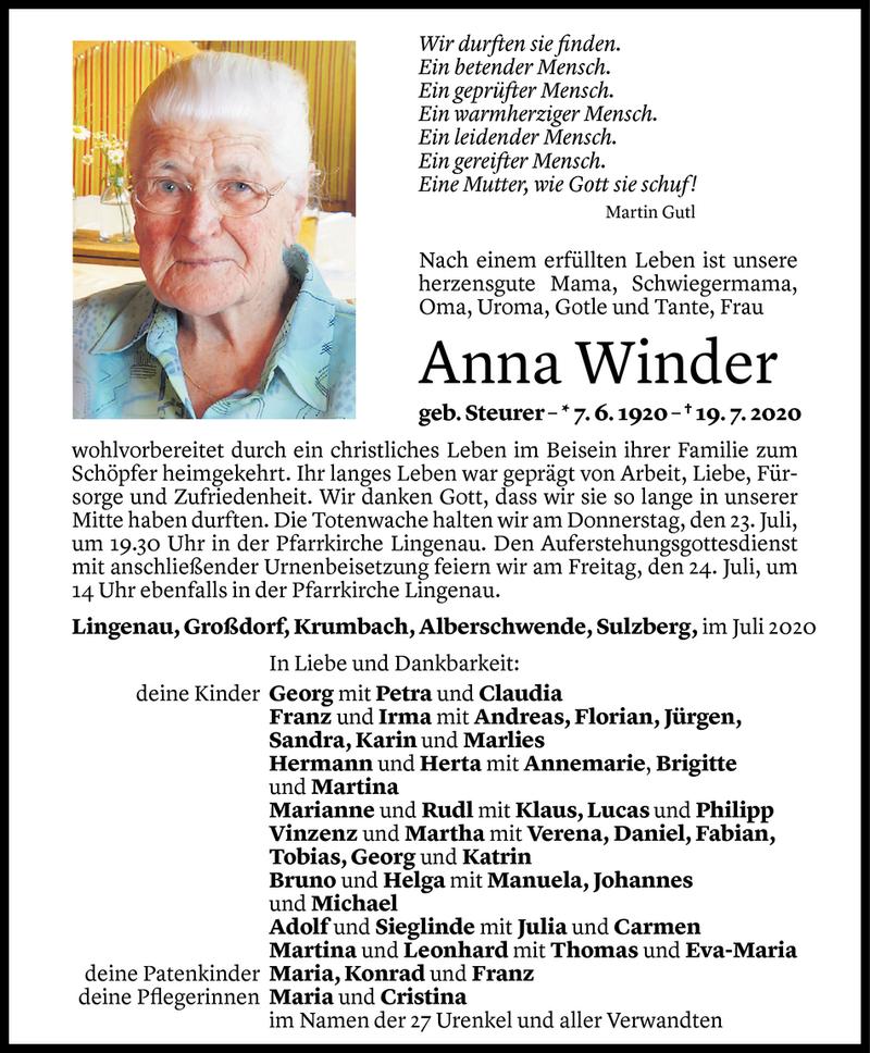  Todesanzeige für Anna Winder vom 21.07.2020 aus Vorarlberger Nachrichten