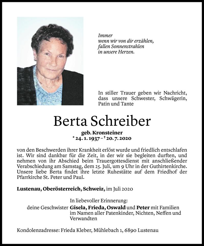  Todesanzeige für Berta Schreiber vom 21.07.2020 aus Vorarlberger Nachrichten