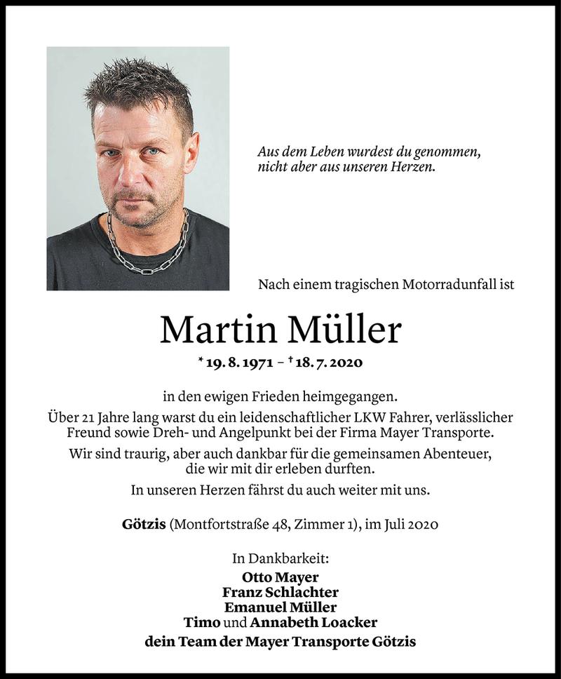  Todesanzeige für Martin Müller vom 21.07.2020 aus Vorarlberger Nachrichten