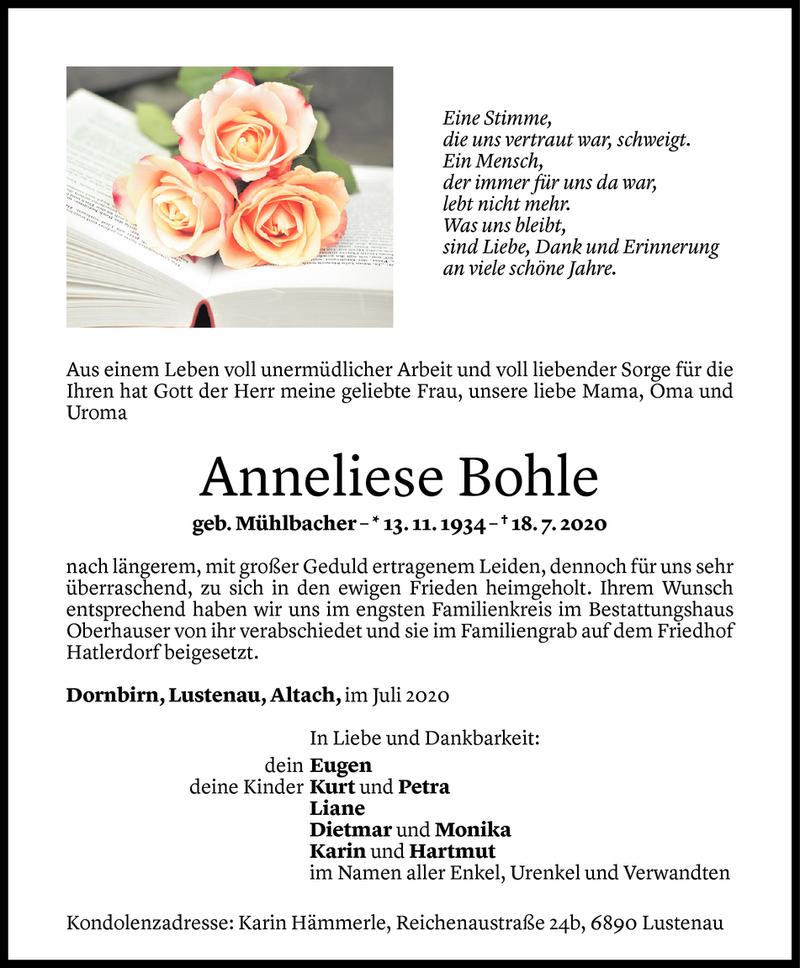  Todesanzeige für Anneliese Bohle vom 25.07.2020 aus Vorarlberger Nachrichten