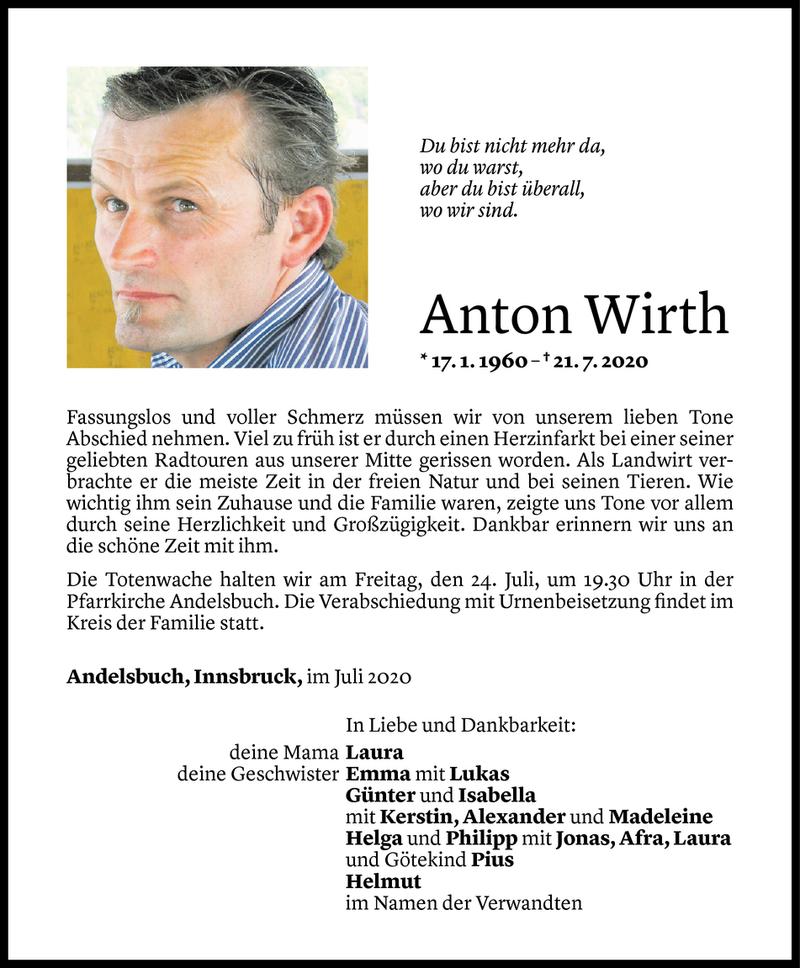  Todesanzeige für Anton Wirth vom 22.07.2020 aus Vorarlberger Nachrichten