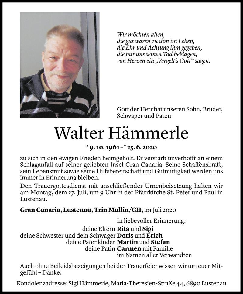  Todesanzeige für Walter Hämmerle vom 23.07.2020 aus Vorarlberger Nachrichten