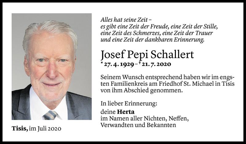  Todesanzeige für Josef Pepi Schallert vom 25.07.2020 aus Vorarlberger Nachrichten