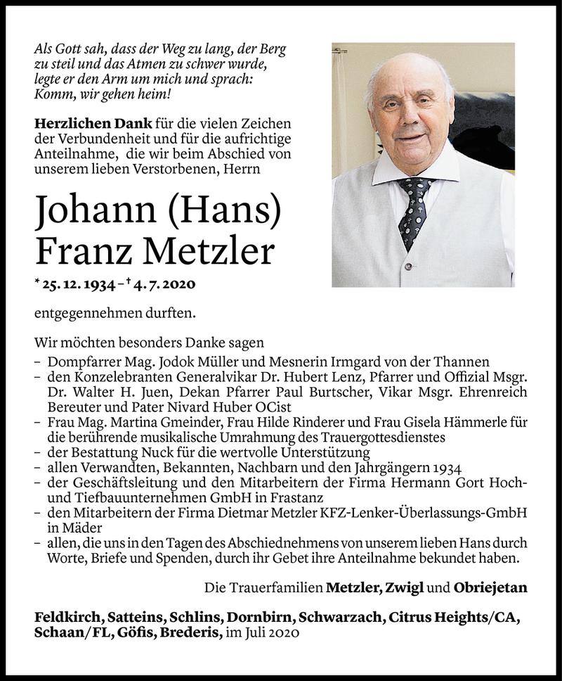  Todesanzeige für Johann Franz Metzler vom 23.07.2020 aus Vorarlberger Nachrichten