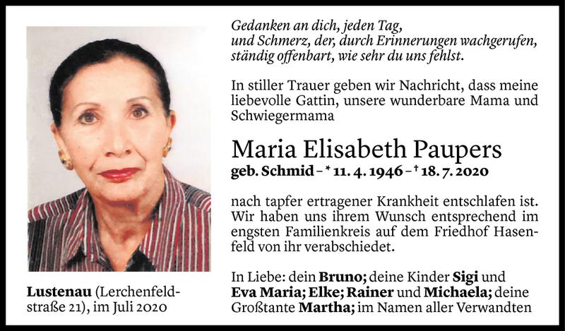  Todesanzeige für Maria Elisabeth Paupers vom 23.07.2020 aus Vorarlberger Nachrichten