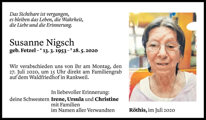  Todesanzeige für Susanne Nigsch vom 23.07.2020 aus Vorarlberger Nachrichten