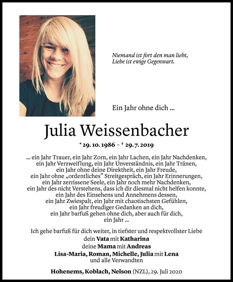  Todesanzeige für Julia Weissenbacher vom 29.07.2020 aus Vorarlberger Nachrichten