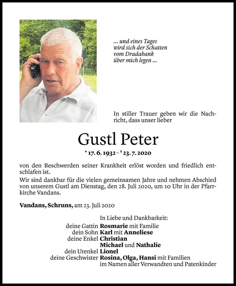  Todesanzeige für Gustl Peter vom 24.07.2020 aus Vorarlberger Nachrichten