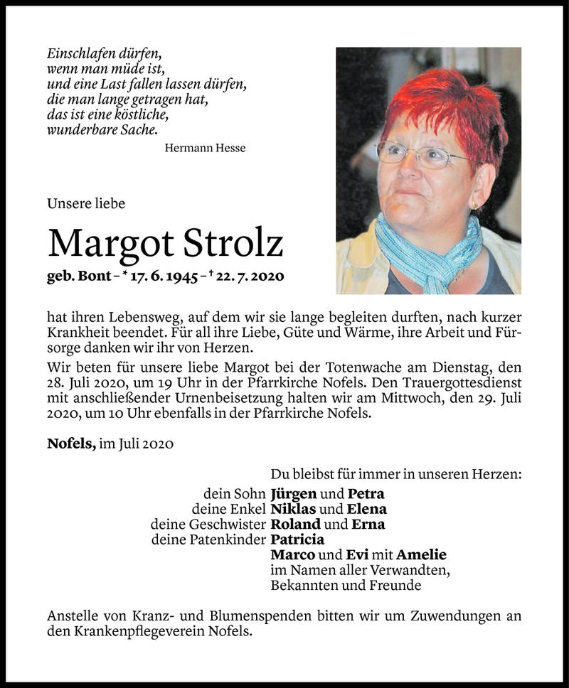  Todesanzeige für Margot Strolz vom 24.07.2020 aus Vorarlberger Nachrichten