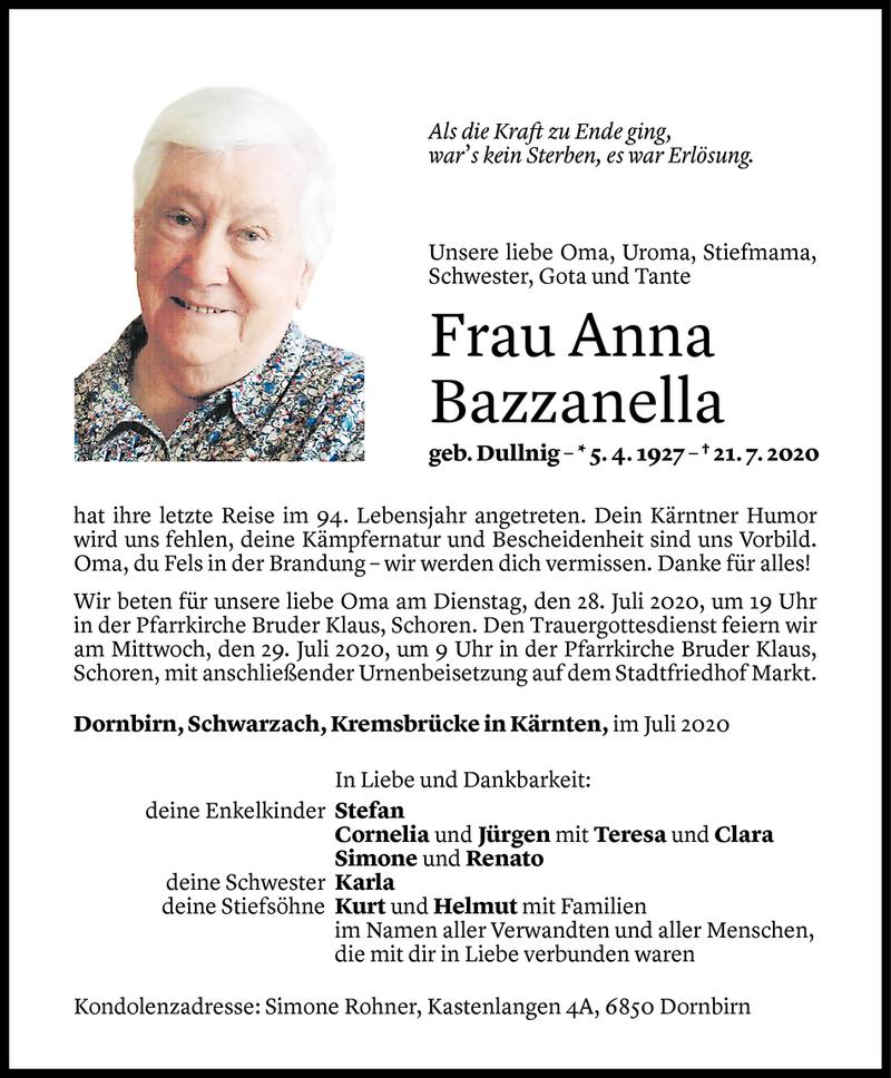 Todesanzeige für Anna Bazzanella vom 24.07.2020 aus Vorarlberger Nachrichten