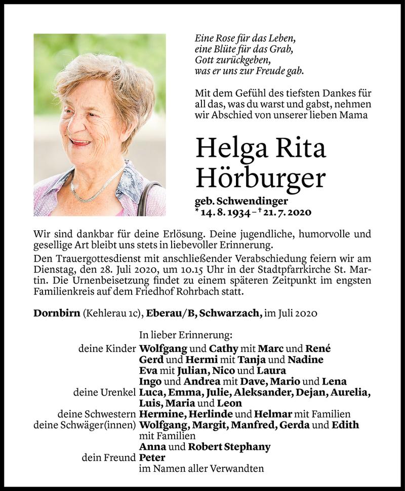  Todesanzeige für Helga Rita Hörburger vom 24.07.2020 aus Vorarlberger Nachrichten