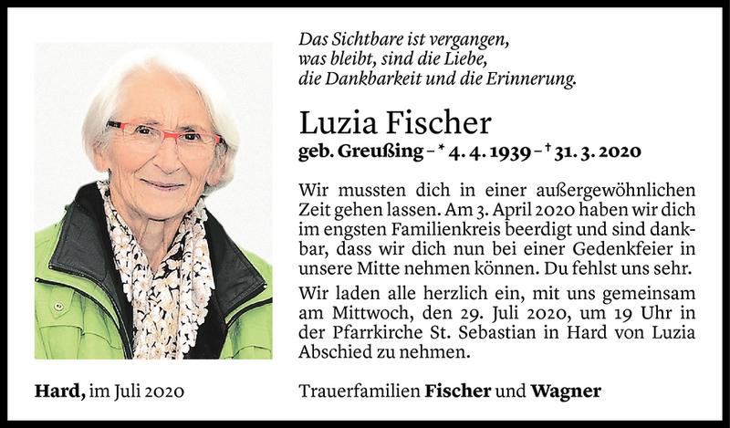  Todesanzeige für Luzia Fischer vom 24.07.2020 aus Vorarlberger Nachrichten