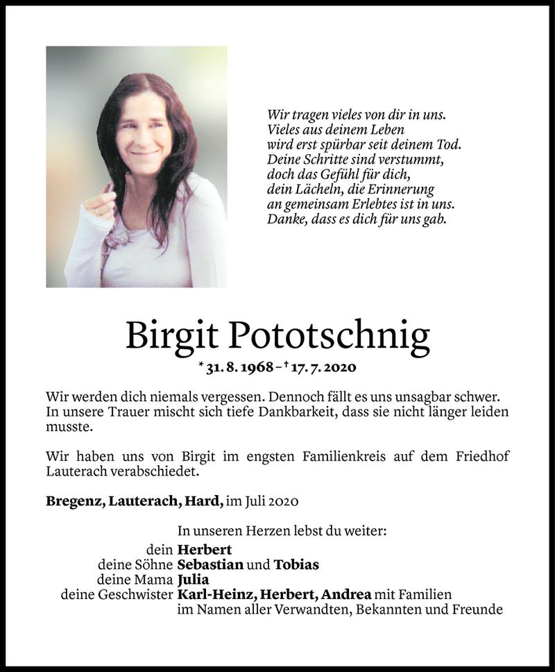  Todesanzeige für Birgit Pototschnig vom 01.08.2020 aus Vorarlberger Nachrichten
