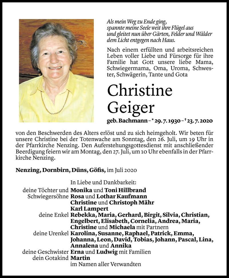 Todesanzeigen von Christine Geiger | Todesanzeigen Vorarlberger Nachrichten
