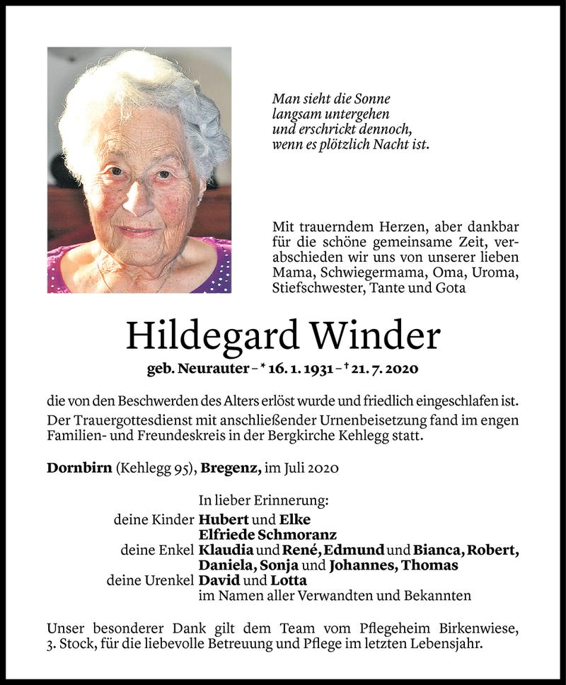  Todesanzeige für Hildegard Winder vom 29.07.2020 aus Vorarlberger Nachrichten