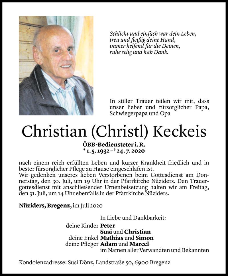  Todesanzeige für Christian Keckeis vom 28.07.2020 aus Vorarlberger Nachrichten