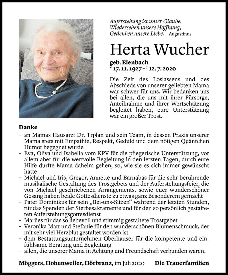  Todesanzeige für Herta Wucher vom 31.07.2020 aus Vorarlberger Nachrichten