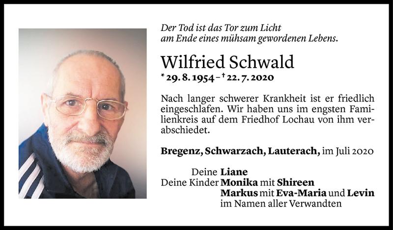  Todesanzeige für Wilfried Schwald vom 29.07.2020 aus Vorarlberger Nachrichten