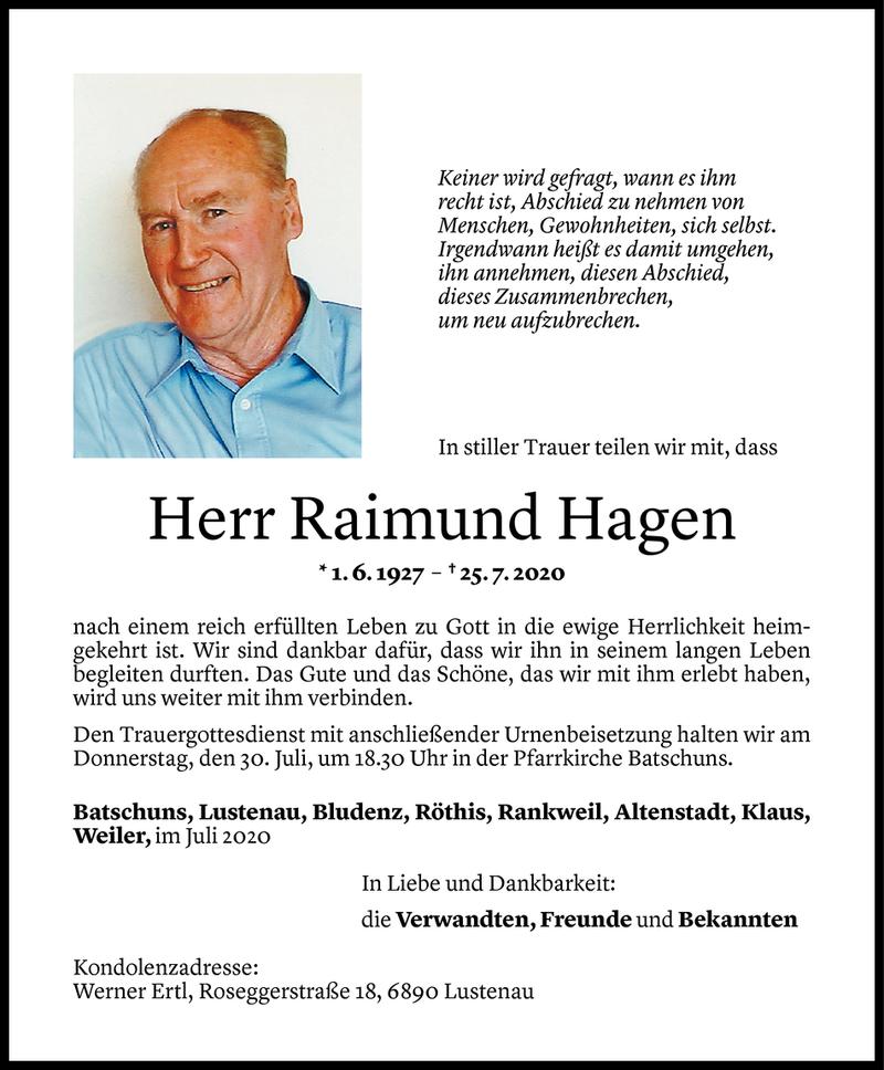  Todesanzeige für Raimund Hagen vom 28.07.2020 aus Vorarlberger Nachrichten