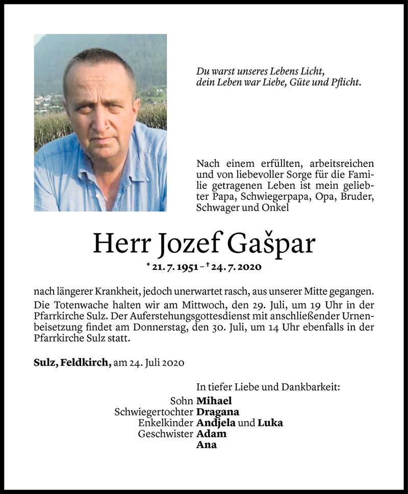  Todesanzeige für Jozef Gašpar vom 27.07.2020 aus Vorarlberger Nachrichten