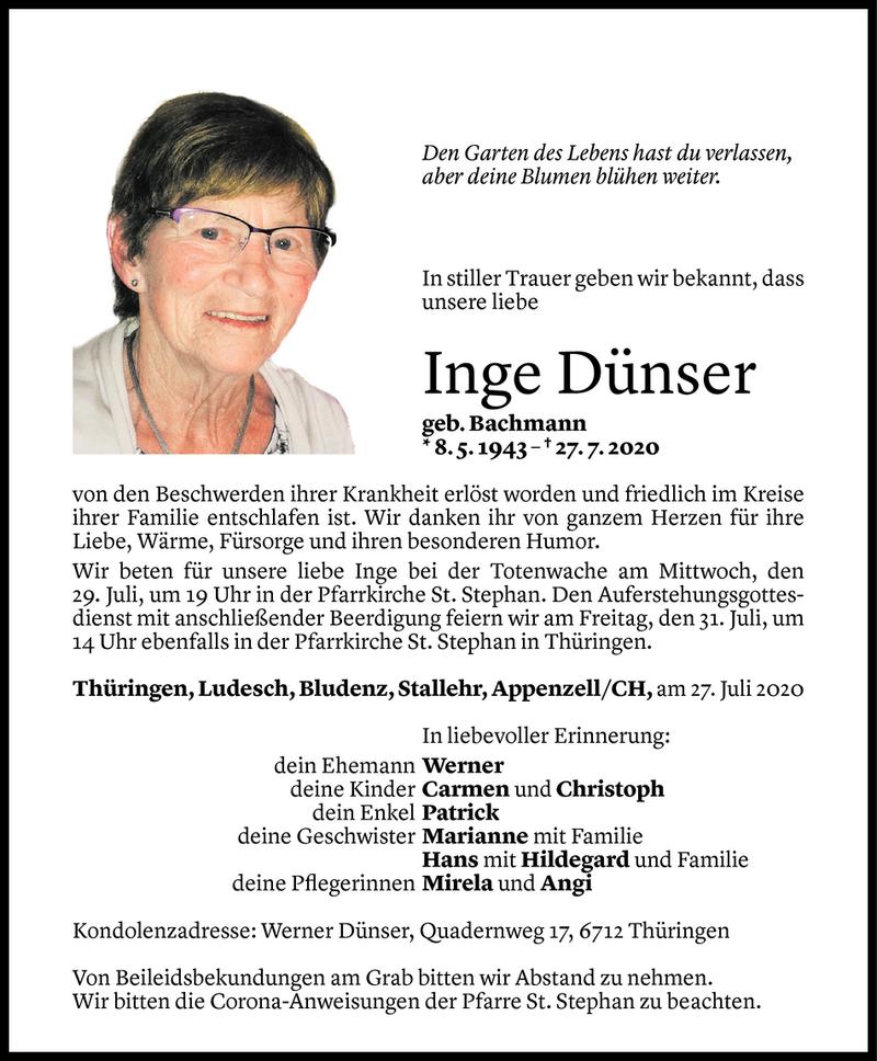  Todesanzeige für Inge Dünser vom 27.07.2020 aus Vorarlberger Nachrichten