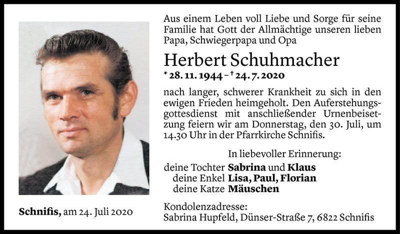  Todesanzeige für Herbert Schuhmacher vom 28.07.2020 aus Vorarlberger Nachrichten