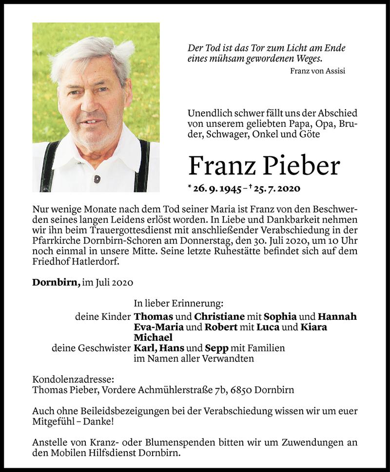  Todesanzeige für Franz Pieber vom 28.07.2020 aus Vorarlberger Nachrichten