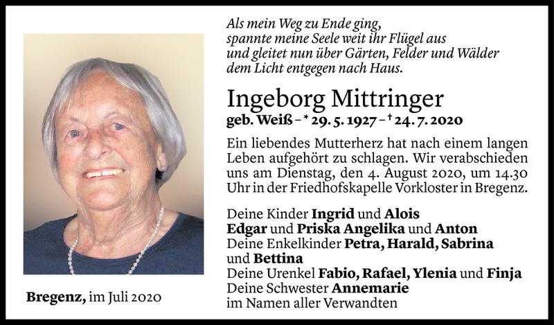  Todesanzeige für Ingeborg Mittringer vom 31.07.2020 aus Vorarlberger Nachrichten