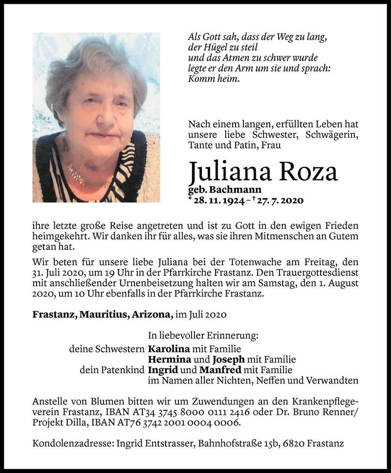  Todesanzeige für Juliana Roza vom 28.07.2020 aus Vorarlberger Nachrichten