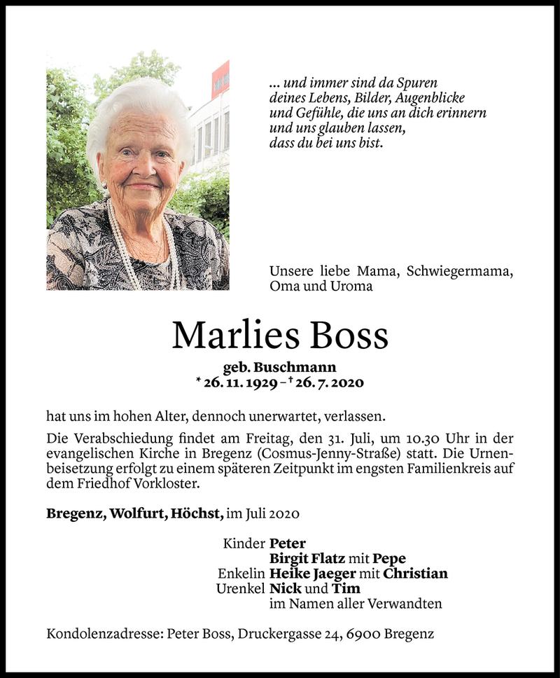  Todesanzeige für Marlies Boss vom 28.07.2020 aus Vorarlberger Nachrichten