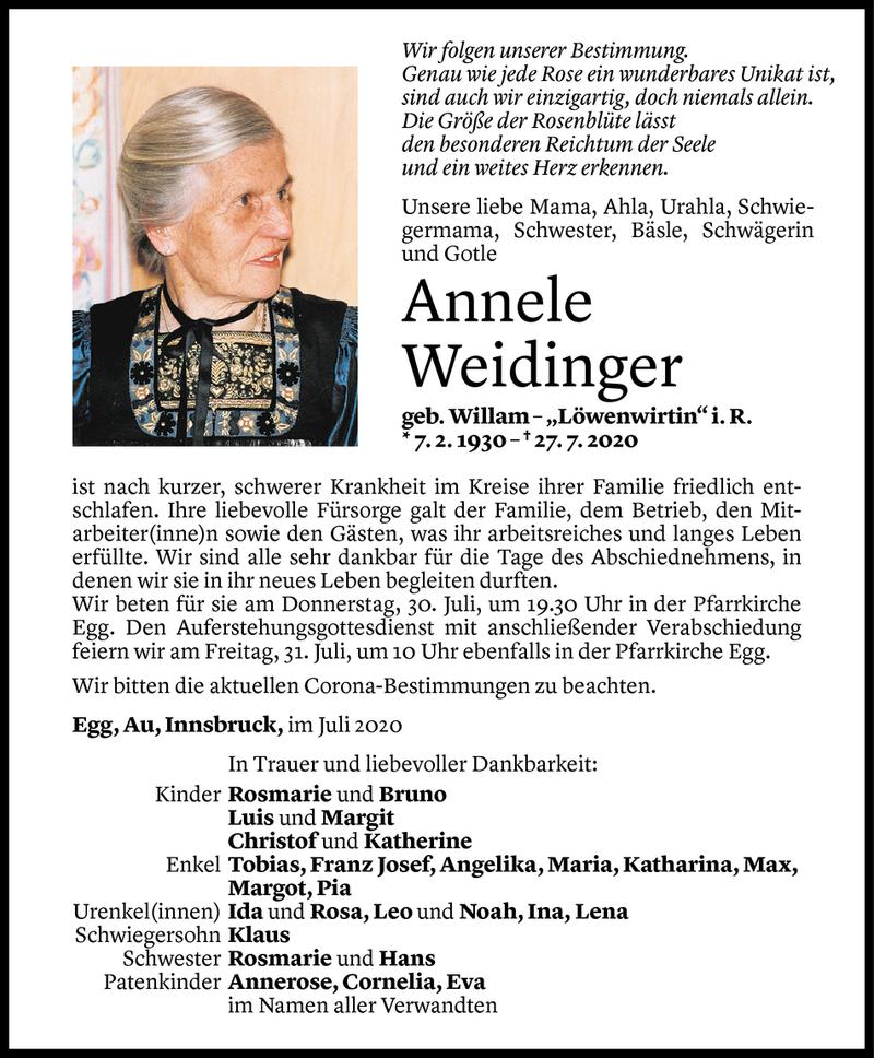  Todesanzeige für Annele Weidinger vom 28.07.2020 aus Vorarlberger Nachrichten