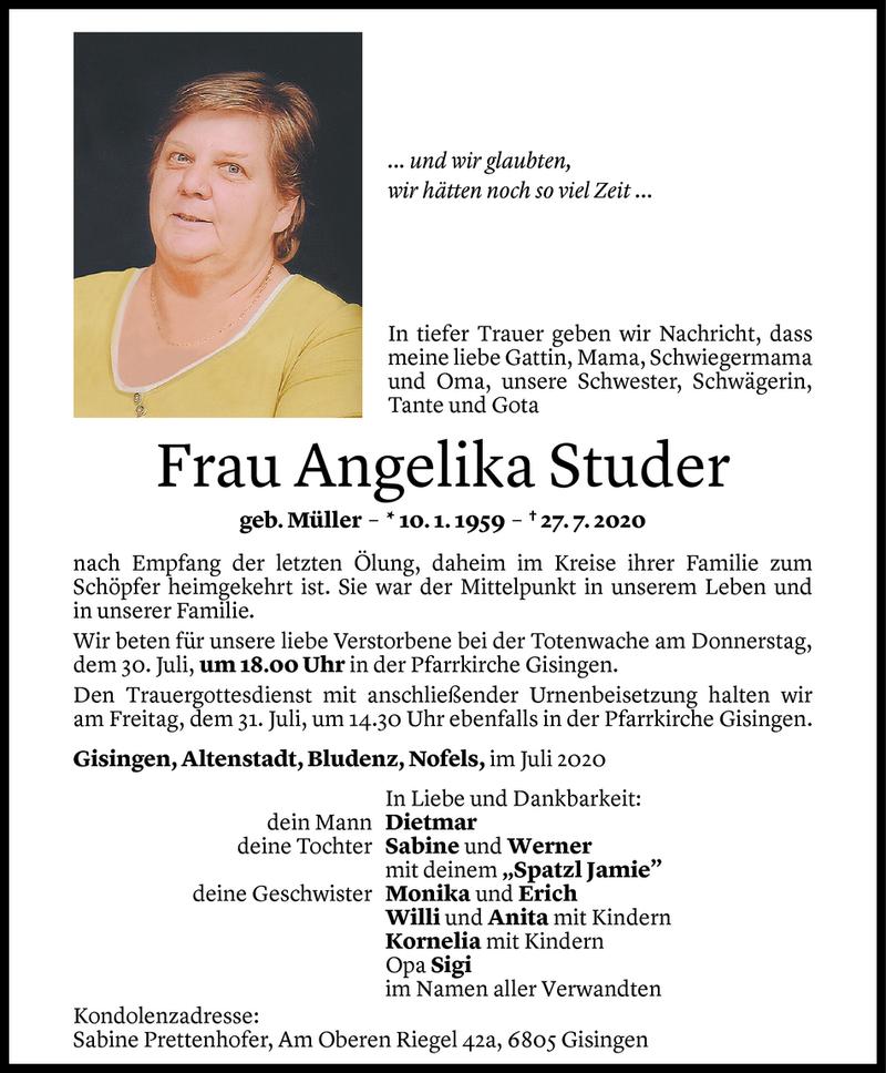  Todesanzeige für Angelika Studer vom 29.07.2020 aus Vorarlberger Nachrichten