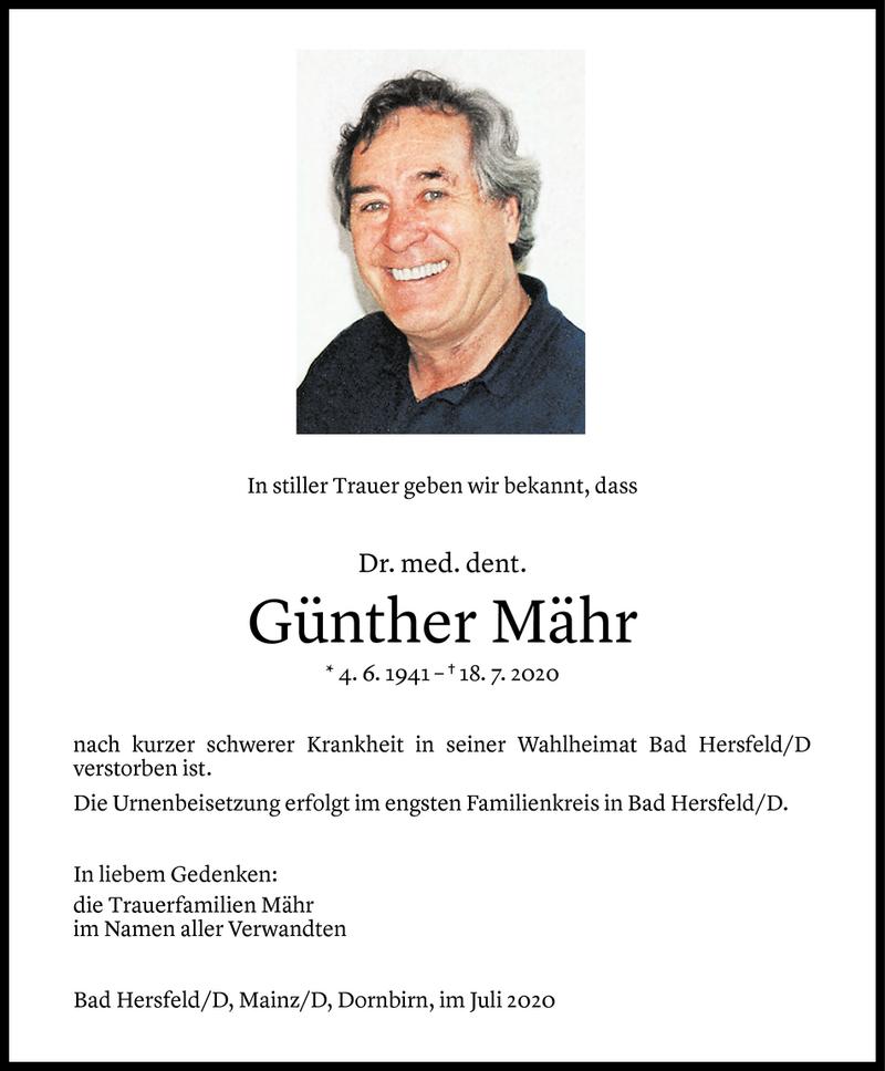  Todesanzeige für Günther Mähr vom 29.07.2020 aus Vorarlberger Nachrichten