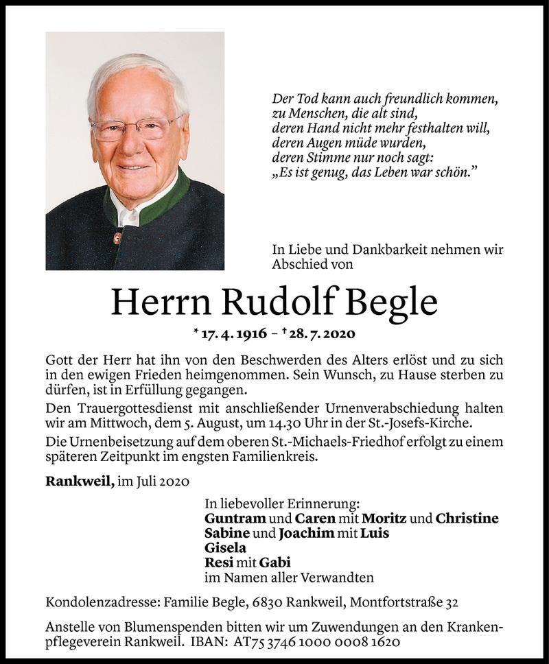  Todesanzeige für Rudolf Begle vom 31.07.2020 aus Vorarlberger Nachrichten