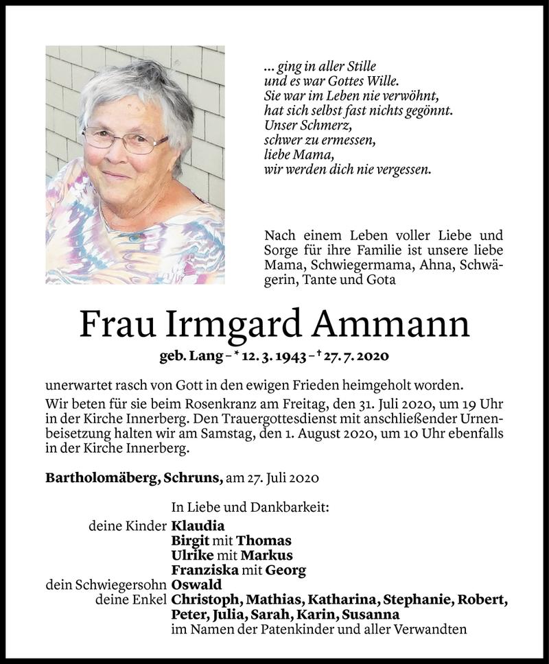  Todesanzeige für Irmgard Ammann vom 29.07.2020 aus Vorarlberger Nachrichten