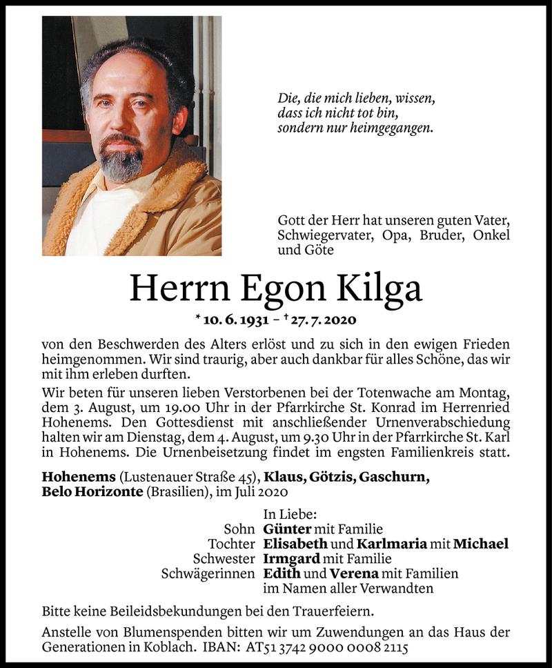  Todesanzeige für Egon Kilga vom 31.07.2020 aus Vorarlberger Nachrichten