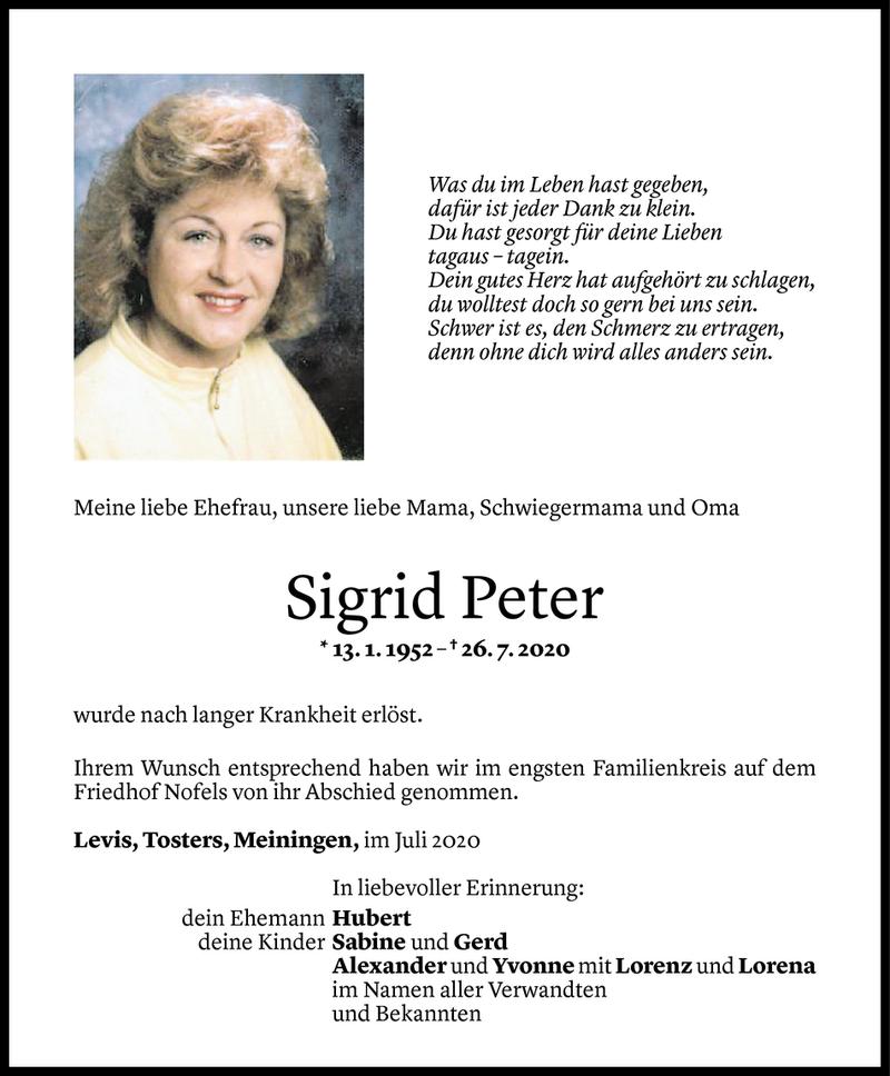  Todesanzeige für Sigrid Peter vom 01.08.2020 aus Vorarlberger Nachrichten