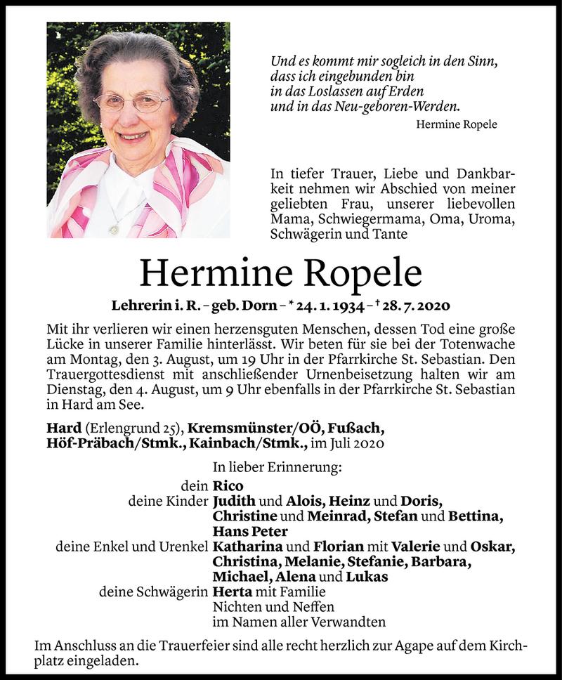  Todesanzeige für Hermine Ropele vom 29.07.2020 aus Vorarlberger Nachrichten