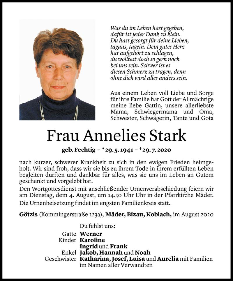  Todesanzeige für Annelies Stark vom 01.08.2020 aus Vorarlberger Nachrichten